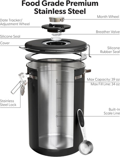 Veken Coffee Canister - Airtight Stainless Steel Storage Container with Window | 39oz, Black, Holds 2.2lbs