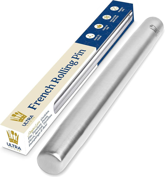 Ultra Cuisine French Rolling Pin - Tapered Design for Baking Pizza, Cookies & Pastries | 15.75-Inch Stainless Steel