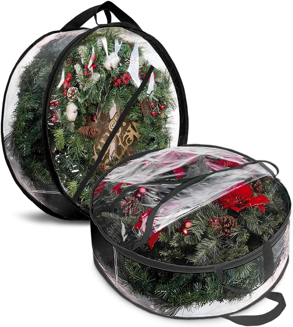 ProPik Christmas Wreath Storage Bag - Waterproof 36" Clear Container for Holiday Wreaths | 2 Pack, Black