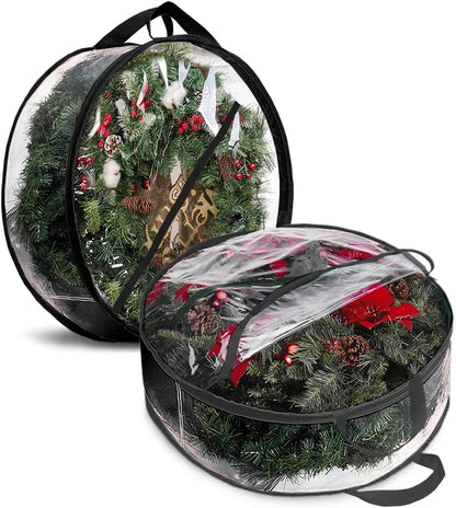 ProPik Christmas Wreath Storage Bag - Waterproof 36" Clear Container for Holiday Wreaths | 2 Pack, Black
