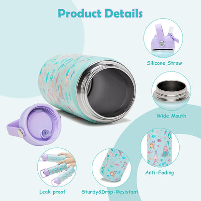 Skiennix 18oz Kids Insulated Water Bottle - BPA-Free Stainless Steel, Leak-Proof Design, Purple Mermaid