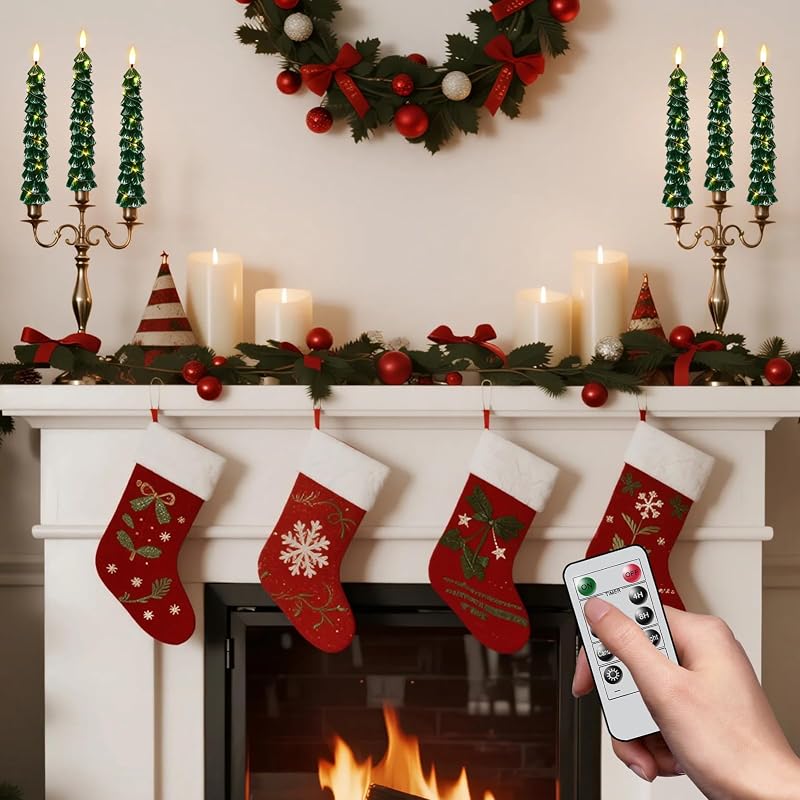 Tree Flameless Taper Candles with Remote - 4 Pack, Green Variation