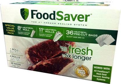 FoodSaver Vacuum Seal Combo Pack - Includes 1-8" Roll, 4-11" Rolls & 36 Pre-Cut Bags