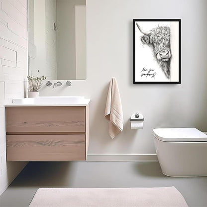 Skiennix Funny Highland Cow Wall Art - Black & White Rustic Bathroom Decor | 12x16 Inch Framed Canvas