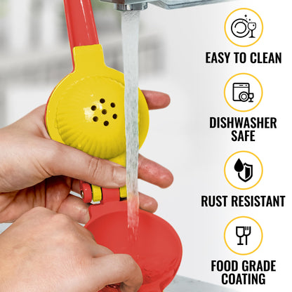 Zulay Metal 2-In-1 Lemon Squeezer Manual - Sturdy, Max Extraction Hand Juicer Lemon Squeezer Gets Every Last Drop - Easy to Clean Manual Citrus Juicer - Easy-to-Use Lemon Juicer Squeezer - Red/Yellow