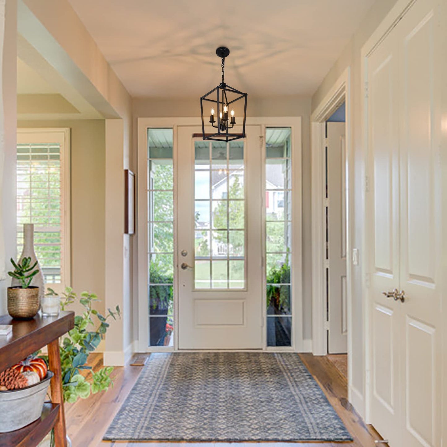 PAKOKULA 4-Light Black Farmhouse Chandelier Iron Lantern Pendant Light Rustic Cage Hanging Light Fixtures Industrial Foyer Lights for Kitchen Island Dining Room Hallway Foyer Entryway