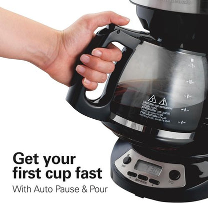 Hamilton Beach 12-Cup Programmable Coffee Maker - Regular & Bold Brew Options, Auto Pause, Black & Stainless Accents