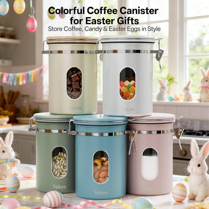 Veken Coffee Canister - Airtight Stainless Steel Container with Window | 22oz Green for Grounds, Beans, Tea, and More