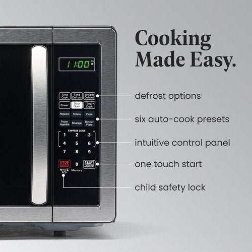 Farberware 1.1 Cu. Ft. Microwave Oven - 1000 Watts, Auto Cook, Defrost & Child Safety Lock | Stainless Steel