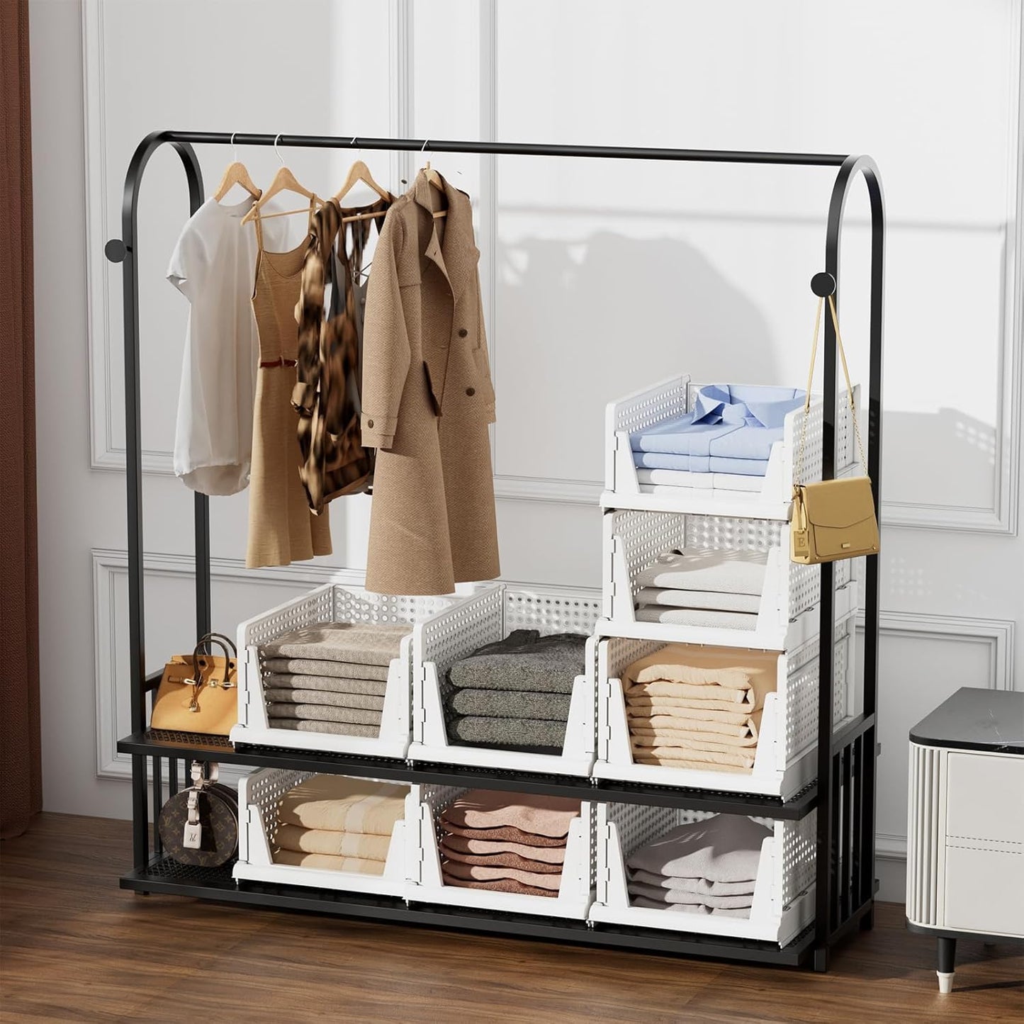 Stackable Plastic Storage Baskets by [Brand Name] - Foldable Closet Organizers for Clothes & Pantry | 5L Size