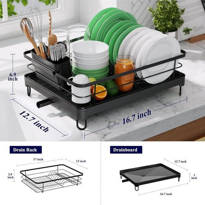 Kitsure Dish Drying Rack - Stainless Steel Kitchen Organizer with Cutlery Holder | 12.7''W x 16.7''L, Black
