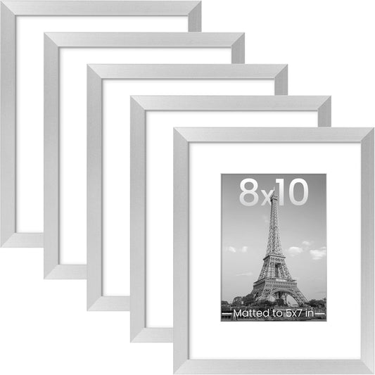 Upsimples 8x10 Picture Frame Set of 5 - Elegant Silver Frames for 5x7 or 8x10 Photos | Wall Gallery Display