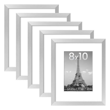 upsimples 8x10 Picture Frame Set of 5, Display Pictures 5x7 with Mat or 8 x 10 Withou, Wall Gallery Photo Frames, Silver