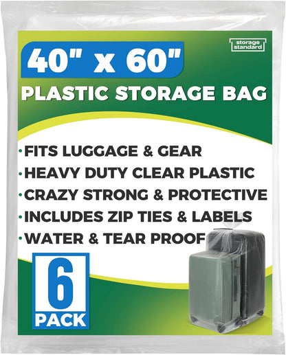 Storage Standard Large Clear Plastic Bags - Waterproof Heavy-Duty Zip Ties for Luggage & Travel Gear | 40 x 60 Inches