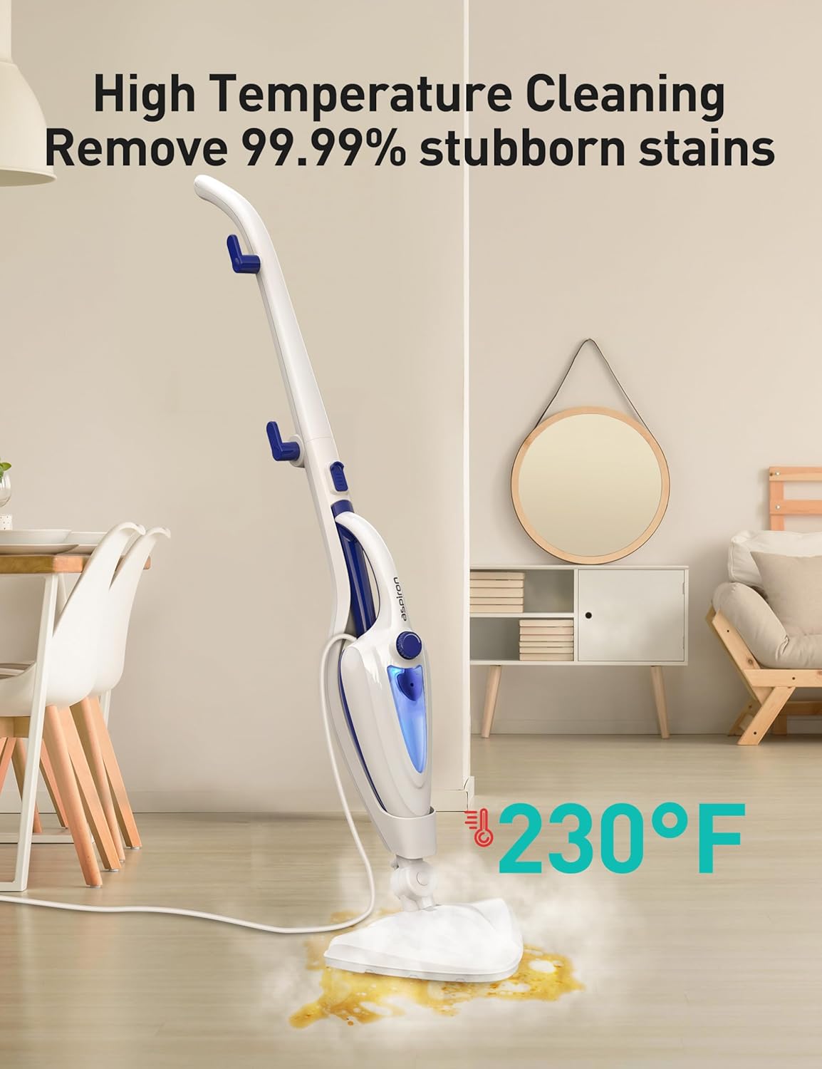 Skiennix 12-in-1 Steam Mop - Fast 15-Sec Heat-Up, 1500W Handheld Cleaner with 2 Dirt Grip Pads | Removes 99.99% Stains on Floors, Clothes, Windows, Tiles, Furniture - White