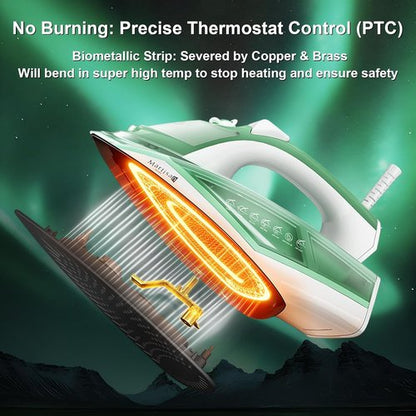 Martisan Steam Iron - 1600W Fast Heating with Non-Stick Ceramic Soleplate | Precise Thermostat, Green