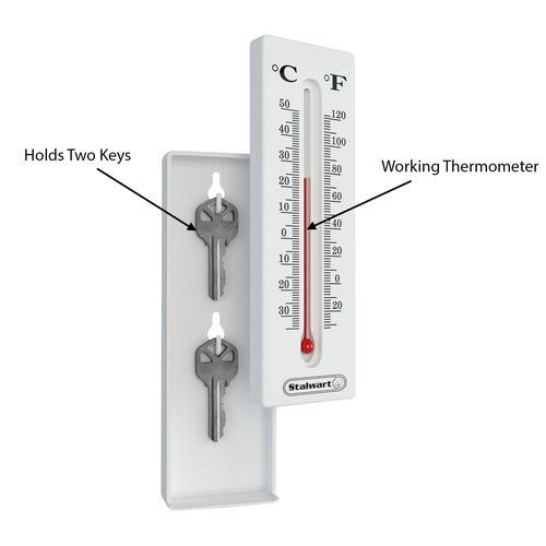 Hide a Key for House, Car, and Safe Keys- Temperature Reading Indoor and Outdoor Working Wall Mount Thermometer with Key Storage by Stalwart