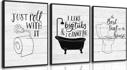 Funny Bathroom Quotes Wall Art by 3Pcs | Minimalist Black & White Prints for Washroom Decor - 12x16in Unframed