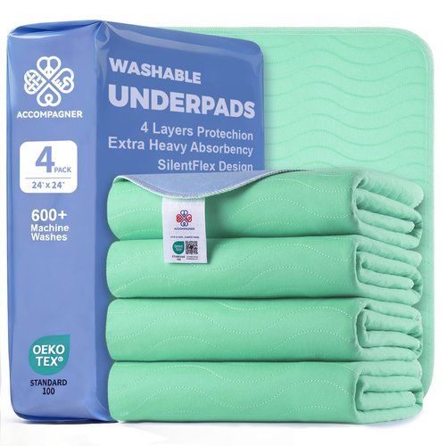 Accompagner Waterproof Reusable for Adults and Pets Washable Pee Pads for Dogs Changing Pad Large Dog Bed Size Adults Incontinence Bed Pads - Non-Slip Leak-Proof (Green, 24"x24"(Pack of 4))