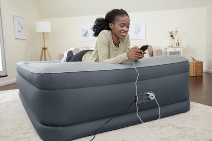 SleepLux Queen Air Mattress | Supersoft Snugable Top, Extra Durable Tough Guard with Built-in Pillow | Raised 22" Airbed with Built in Pump + USB Charger, Grey (69093E)