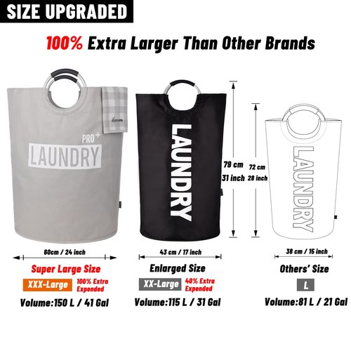 Caroeas Super Large 150L Laundry Basket Pro, Waterproof Laundry Hamper, Collapsible Laundry Basket Easy Storage, Clothes Hamper Stands Up Well, Laundry Bag with Padded Handles (Light Grey)