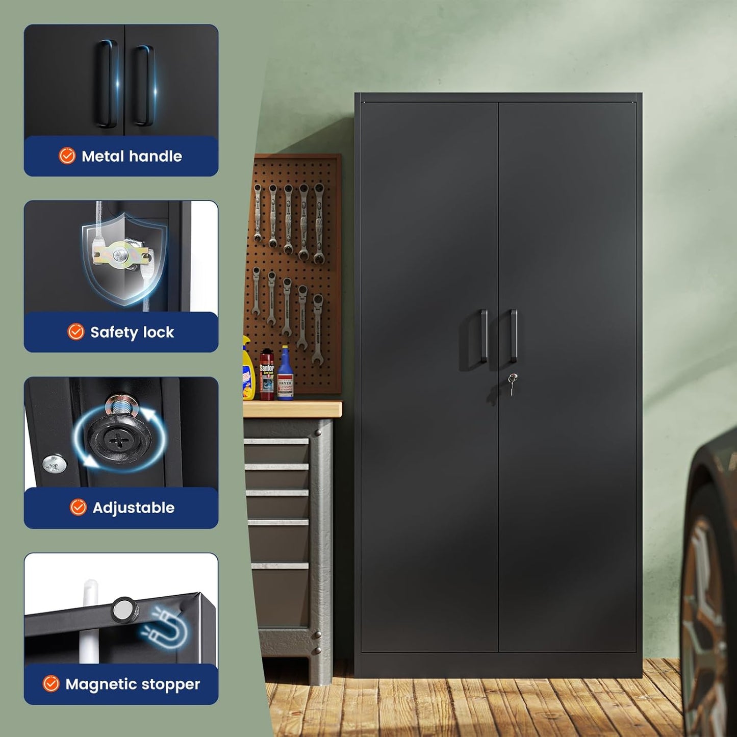 Yizosh Metal Storage Cabinet - 72" Lockable Garage Storage with 2 Doors & 5 Adjustable Shelves, Black Steel