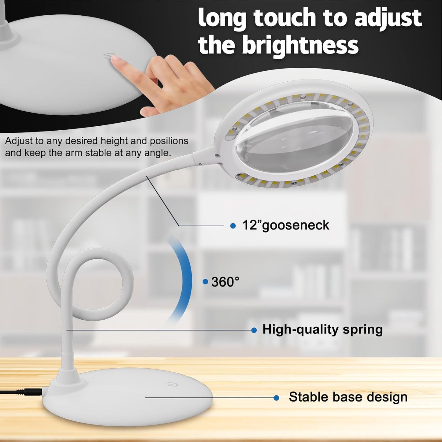 Skiennix Magnifying Glass - 5X LED Lighted Desk Lamp with Stand for Seniors & Hobbies