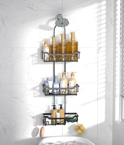 Skiennix Adjustable Shower Caddy - 3-Tier Over Shower Head Organizer with Soap Holder, Black