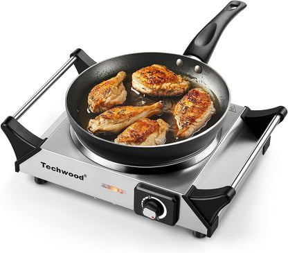 Techwood Single Burner Hot Plate - 1500W Electric Stove with Adjustable Temperature & Stay Cool Handles | 7.3" Cooktop in Silver for RV/Home