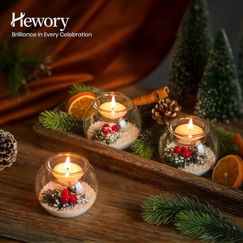 Hewory Tealight Candle Holders - Set of 6 Glass Holders with Red Berry & Pinecone | Christmas Table Decor