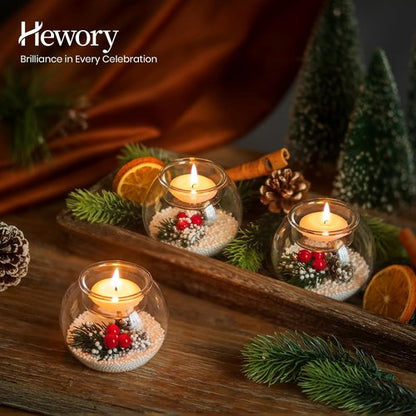 Hewory Tealight Candle Holders - Set of 6 Glass Holders with Red Berry & Pinecone | Christmas Table Decor
