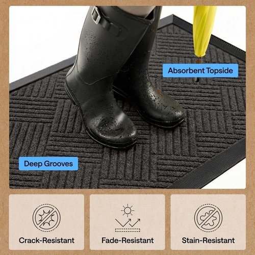 GORILLA GRIP Waterproof All-Season WeatherMAX Doormat - 72x24 Natural Rubber, Stain & Fade Resistant, Easy Clean Gray Diamond