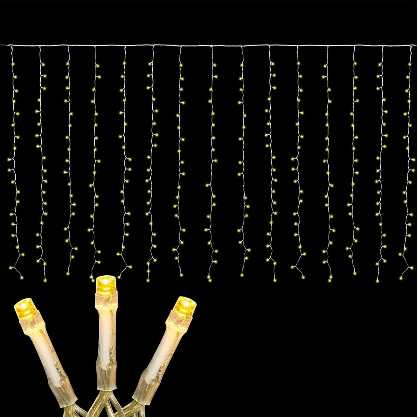 Novelty Lights LED Curtain Light Set - 300 Warm White LEDs with 8 Functions | Clear Wire Design