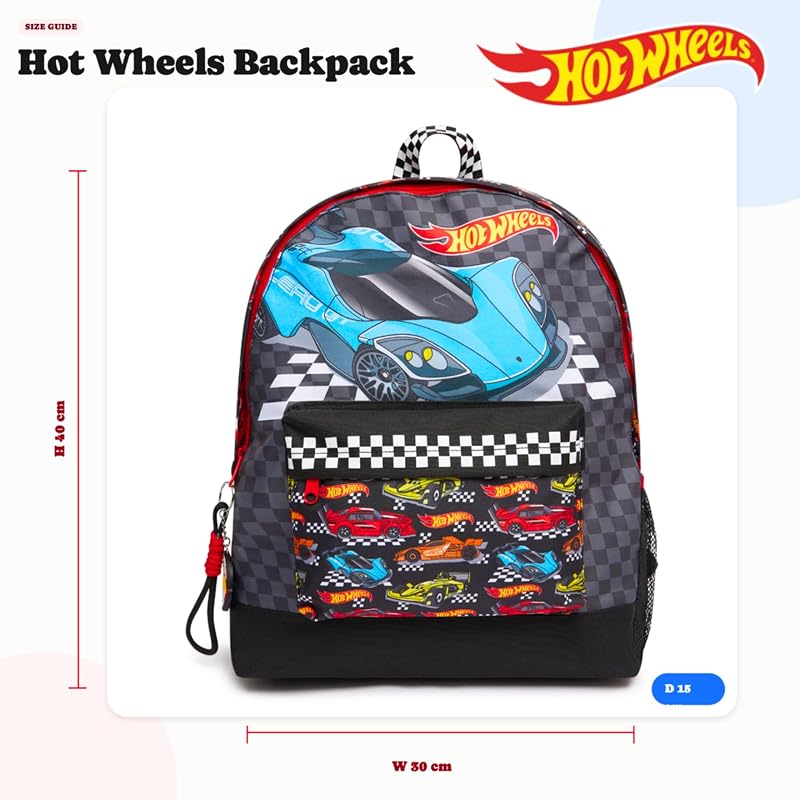 Hot Wheels Kids Backpack - Black, Large Car Theme with Drinks Holder
