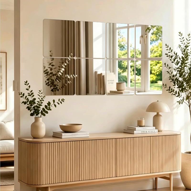 8PCS 8" Square Self-Adhesive Acrylic Mirror Tiles - Shatterproof Wall Panels for DIY Decor (Variation: 8inch)