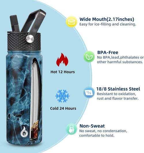 BJPKPK Insulated Water Bottle - 22oz Stainless Steel with Straw Lid | Hot & Cold Thermo, Ocean Color