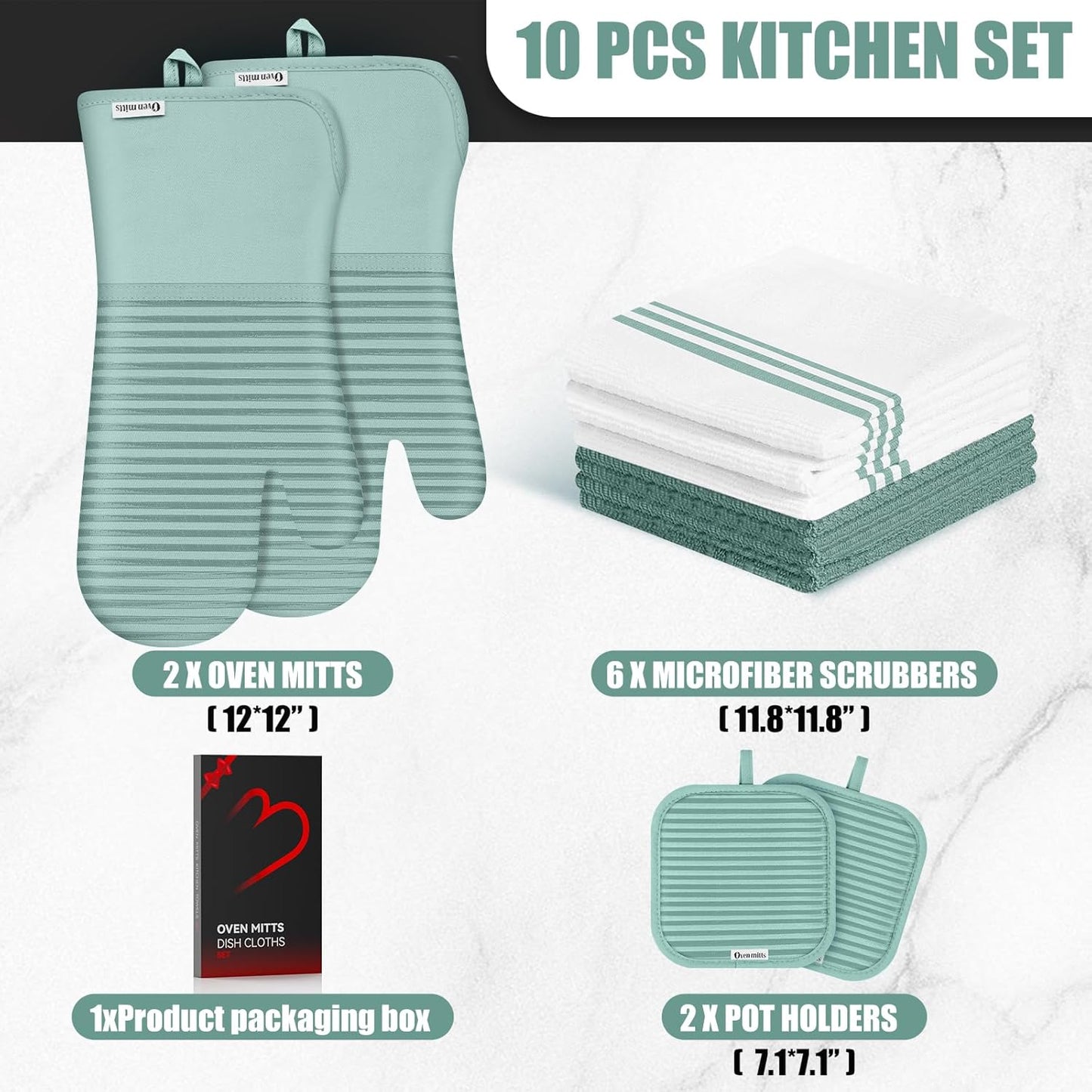 Skiennix Oven Mitts and Pot Holder Set - 500°F Heat Resistant Silicone Grip | 6 Pack Mint Green Cotton Kitchen Essentials