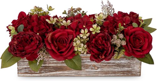 Flower Arrangement | Skiennix 14" Artificial Flowers in Wooden Vase - Red Roses, Peonies & Hydrangeas for Table Decor