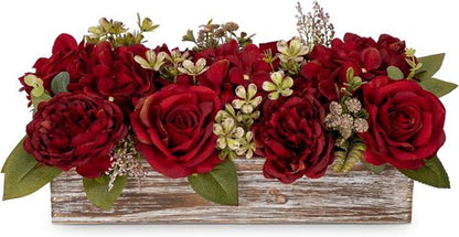 Flower Arrangement | Skiennix 14" Artificial Flowers in Wooden Vase - Red Roses, Peonies & Hydrangeas for Table Decor