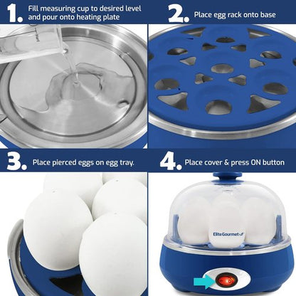 Elite Gourmet Easy Egg Cooker - Electric 7-Egg Capacity with Auto Shut-Off & Measuring Cup - Classic Blue