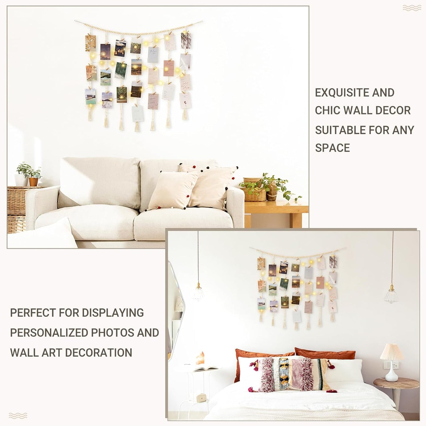 Mkono Macrame Photo Display Wall Decor - Boho String Lights & Wooden Beads | 45 Clip Collage Frame for Bedroom & Dorm