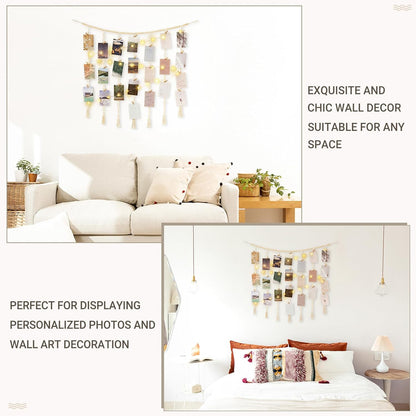 Mkono Macrame Photo Display Wall Decor - Boho String Lights & Wooden Beads | 45 Clip Collage Frame for Bedroom & Dorm