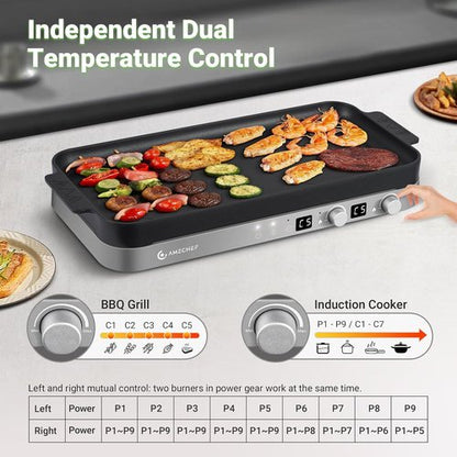 AMZCHEF Double Induction Cooktop - 1800W Portable Stove with Removable Griddle Pan | Iron Grey, 9 Power Levels