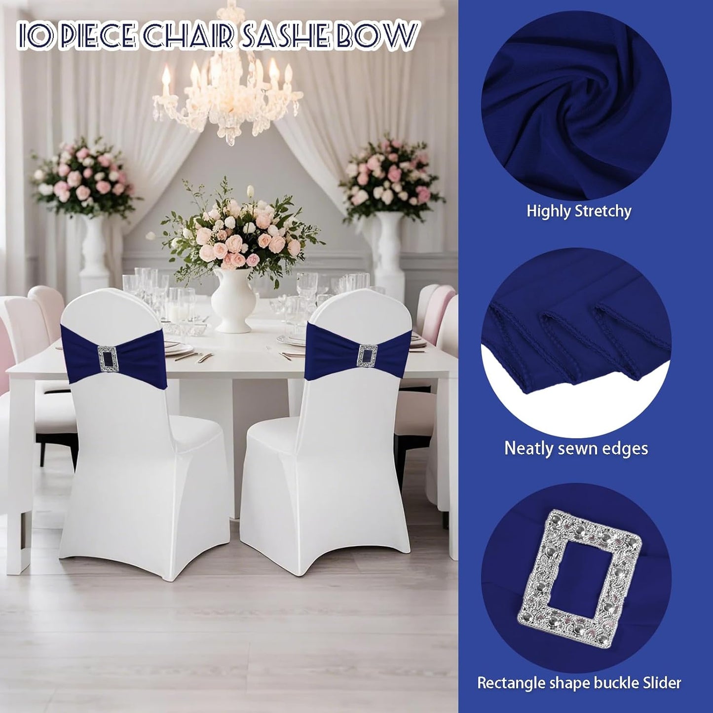 Skiennix 100 Pack Spandex Stretch Chair Sashes - Elastic Covers with Buckle Slider for Weddings & Events | Navy Blue