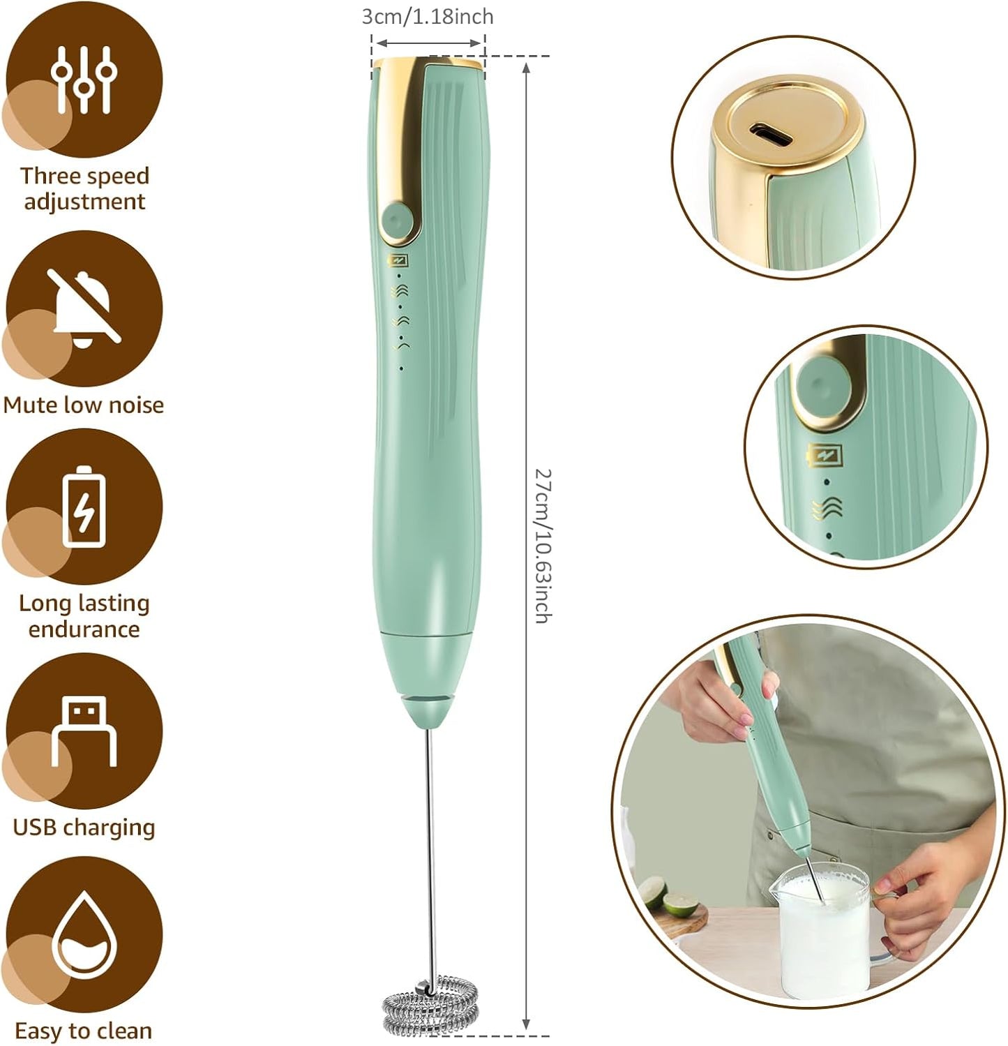Skiennix Handheld Milk Frother - Rechargeable Electric Foam Maker for Lattes & Cappuccinos