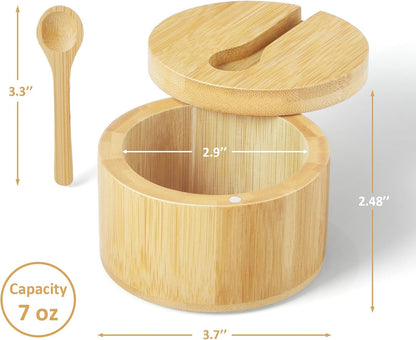 OUTNILI Bamboo Salt Box Bowl with Lid & Spoon - 360° Swivel Salt Cellar for Sea Salt & Herbs, 7 Oz Capacity