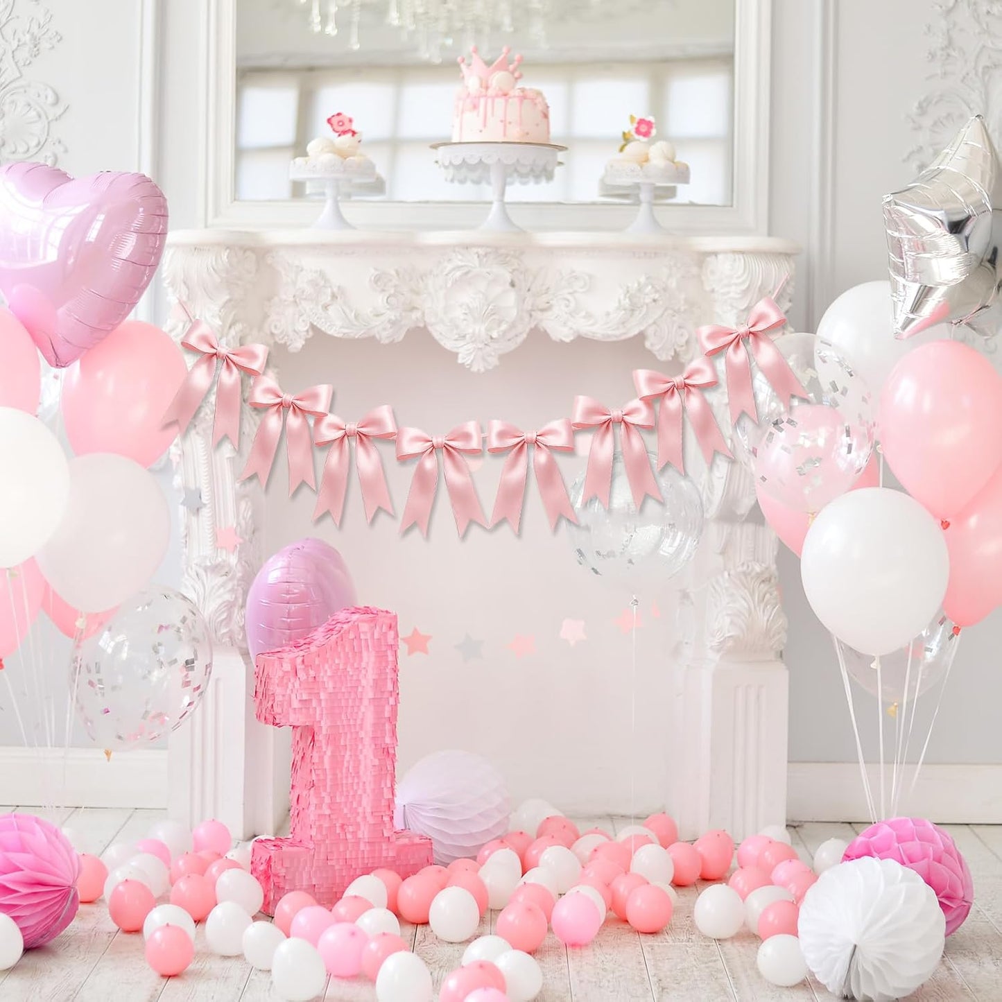 Skiennix Pink Bow Garlands - 16PCS Pre-Strung Satin Ribbon Ornaments for Parties & Celebrations