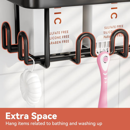 YASONIC Adhesive Shower Caddy - Rustproof 2-Pack Black Shower Shelves with Soap & Toothbrush Holder