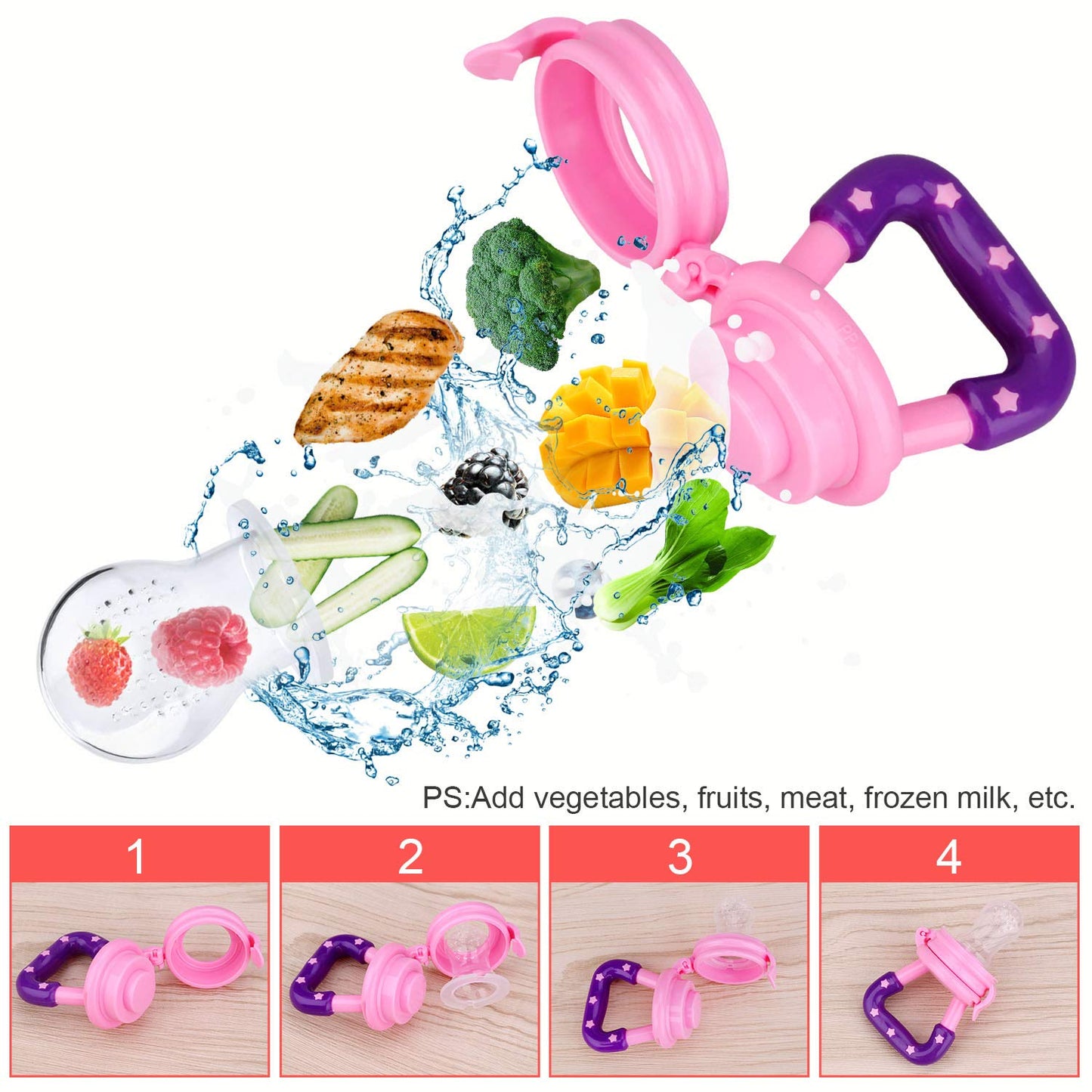Mluchee Baby Food Feeder - 3 Pack Silicone Fruit Pacifiers for Teething - Reusable Pouches in Pink
