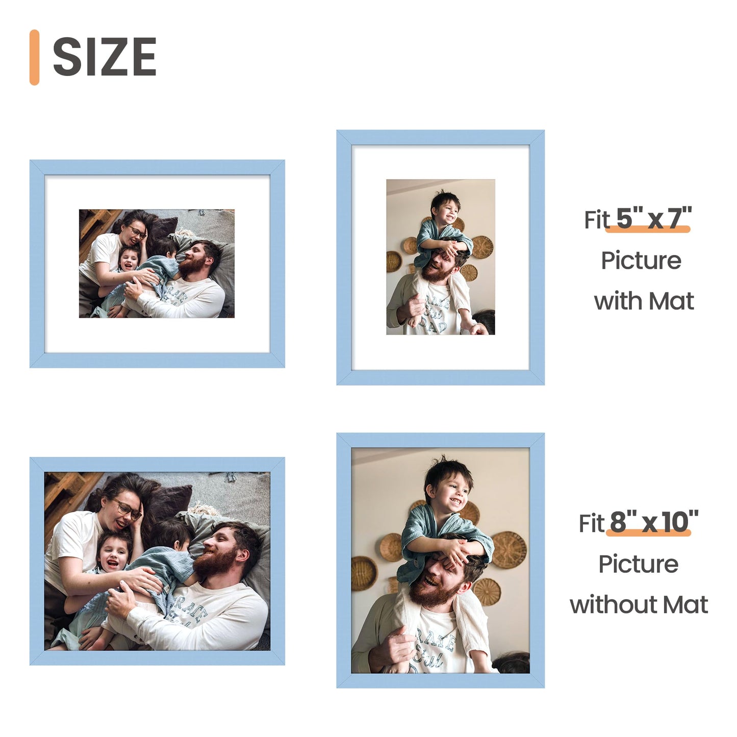 upsimples 8x10 Picture Frame Set of 5, Display Pictures 5x7 with Mat or 8 x 10 Without, Wall Gallery Photo Frames, Blue